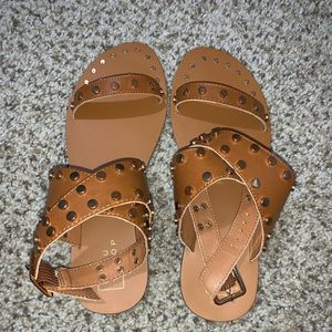 Women’s tan studded faux leather sandal